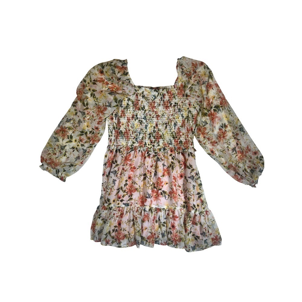 1 STATE Floral Smocked Square Neck Tiered Ruffle Mini Dress Women's Size L - Picture 2 of 3